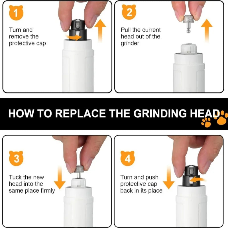 dog nail grinder replacement head instructions for removing and installing the grinding head on an electric pet nail grinder
