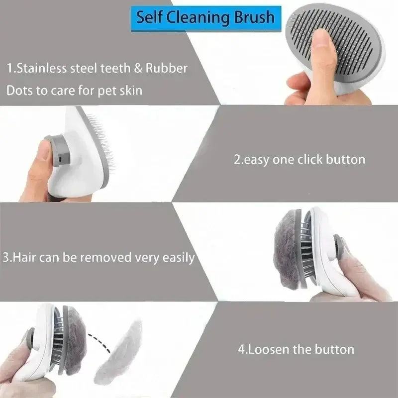 self cleaning pet grooming brush for dogs and cats with one-click hair release, stainless steel teeth and ergonomic handle