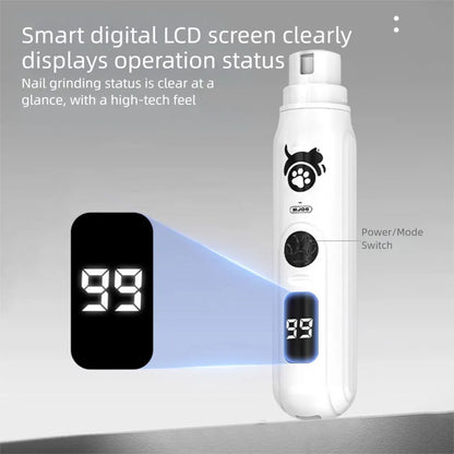 electric dog nail grinder with digital LCD display, 3-speed settings, rechargeable USB-C pet nail trimmer for cats and dogs