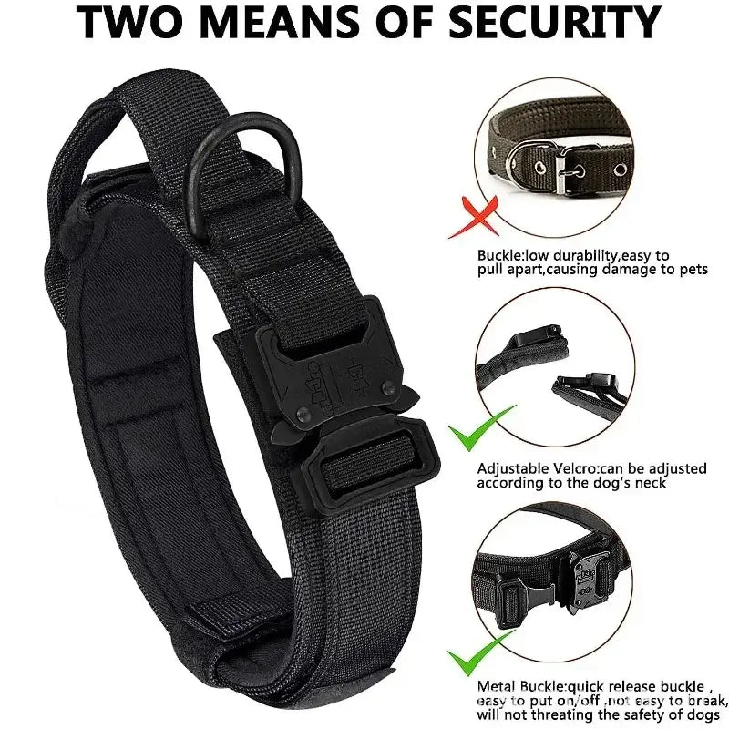 Black tactical dog leash collar with quick-release buckle, adjustable Velcro, and secure tactical collar design for outdoor dog training