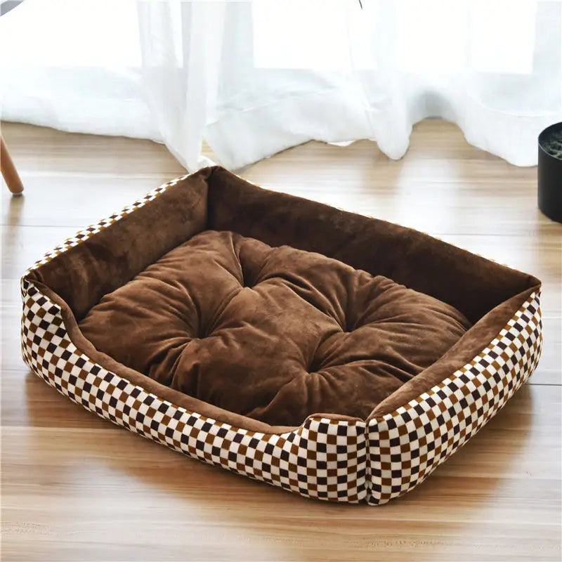 large dog bed house brown checkered square nest breathable cotton for small medium large dogs and cats, color 12