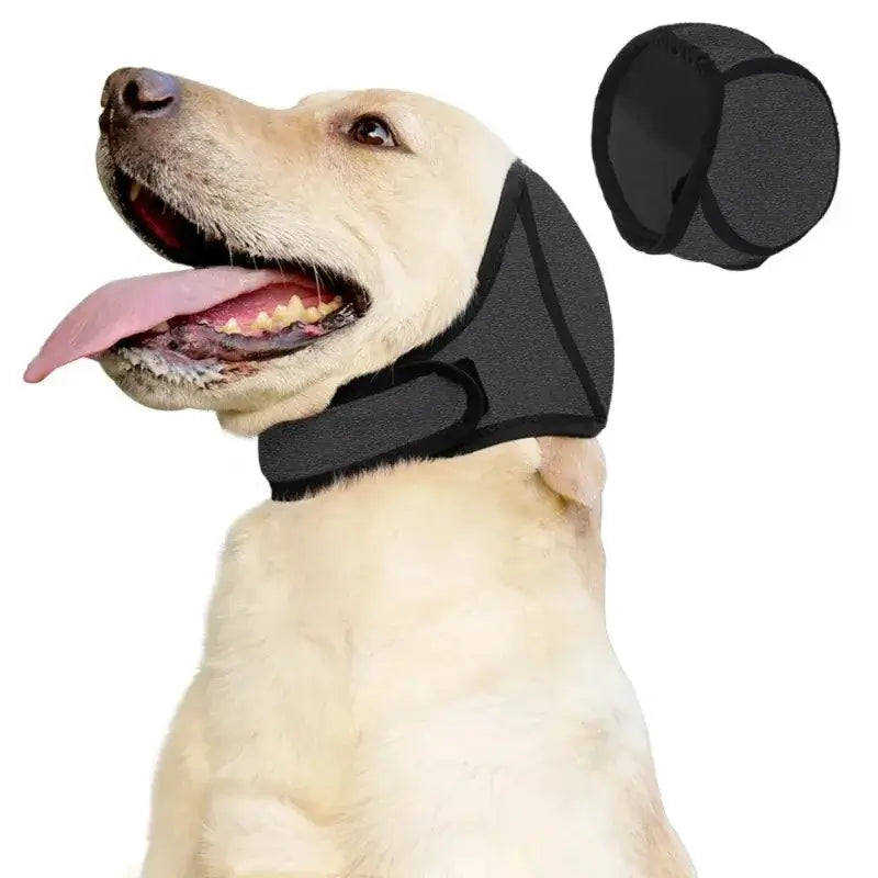 Calming Noise Cancelling Headphones for Dogs - Waterproof, Shockproof Hearing Protectors on a happy dog.