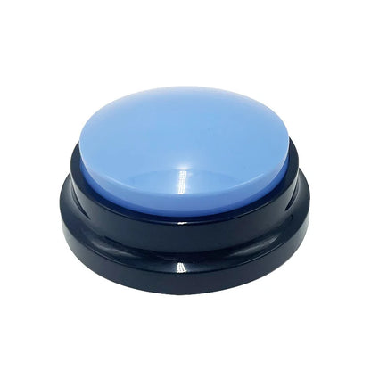 Large blue dog training button on black base, interactive pet communication tool