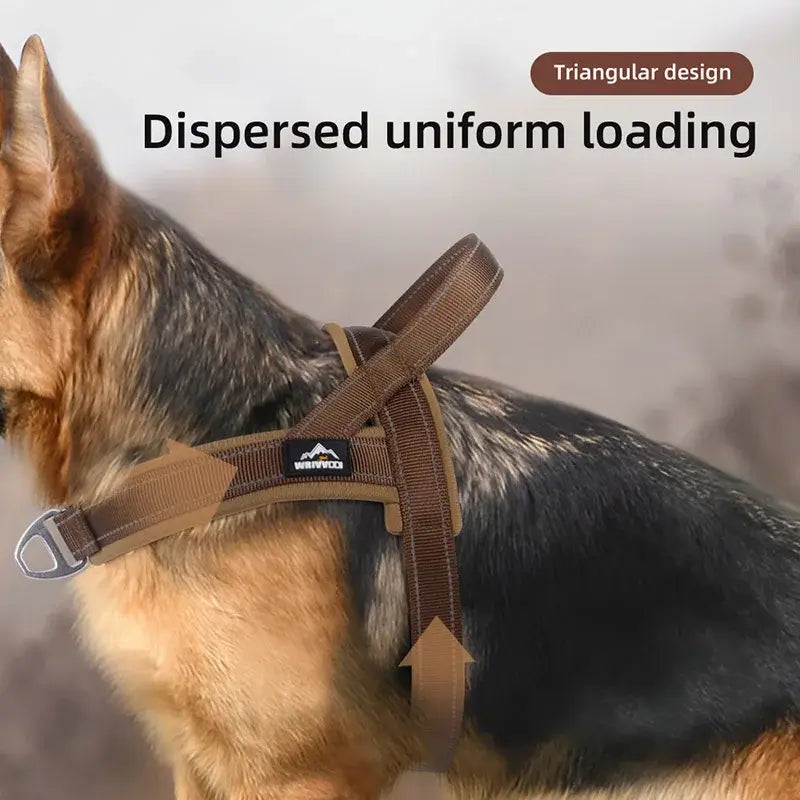 escape-proof tactical dog harness with triangular design and dispersed uniform loading for large dogs