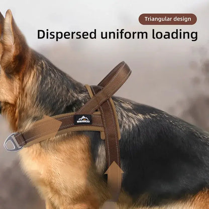 escape-proof tactical dog harness with triangular design and dispersed uniform loading for large dogs