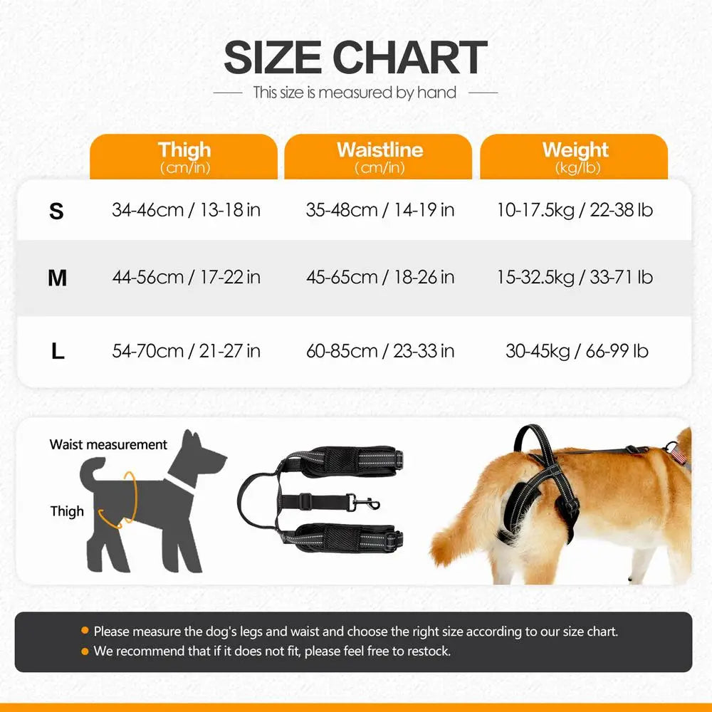 Size chart for Dog Vest Harnesses Adjustable Hip Support Harness Sturdy Handle Vest Harnesses Dog Lift Harness For Elderly Or Disabled Dogs.