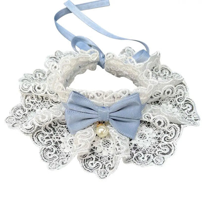 Elegant dog lace collar with blue bow and pearl accent, adjustable pet accessory
