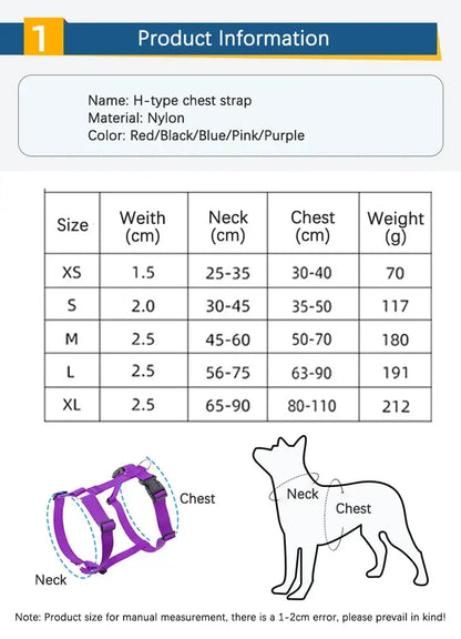 Adjustable dog harness size chart for H-shaped nylon chest strap, lightweight washable pet harness for outdoor travel