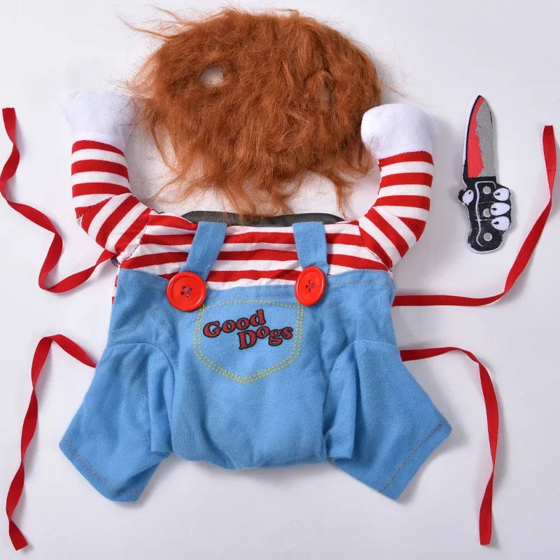 Funny dog costume with red striped shirt, blue overalls, wig, and toy knife accessory