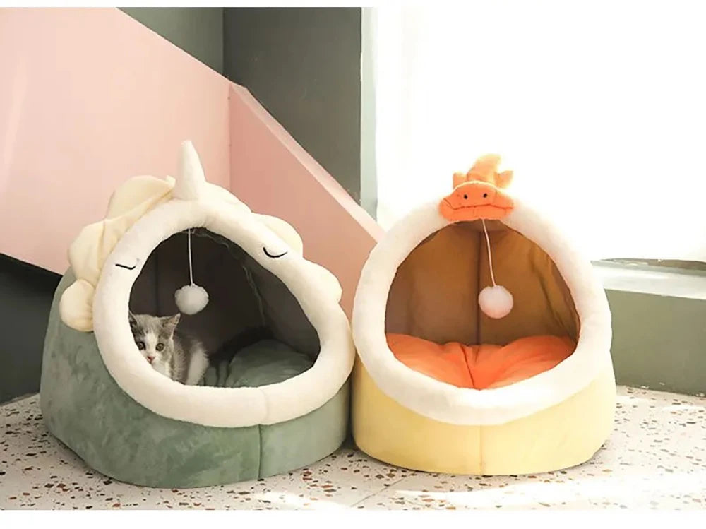 foldable washable cat bed semi-closed cozy pet cave with cute animal-ear design for cats and small dogs