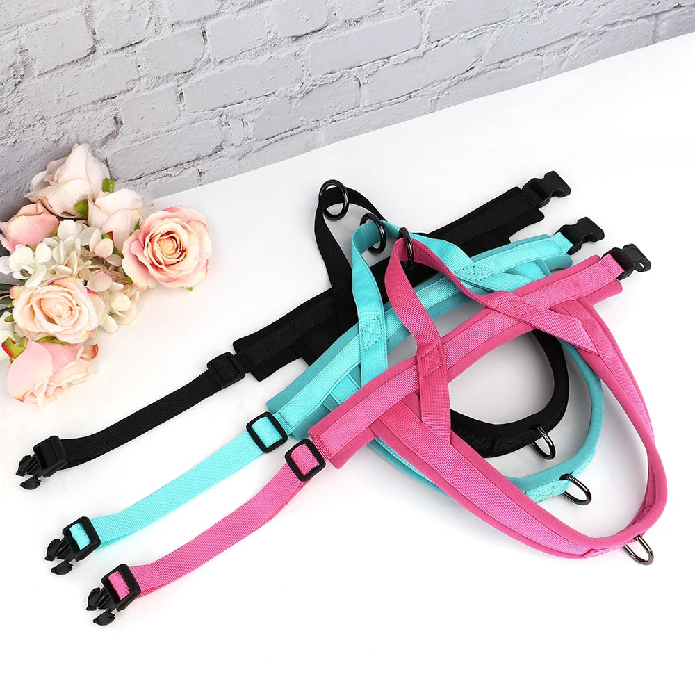 Colorful no pull dog harness with padded nylon straps for small to large dogs, reflective walking vest in pink, blue, and black