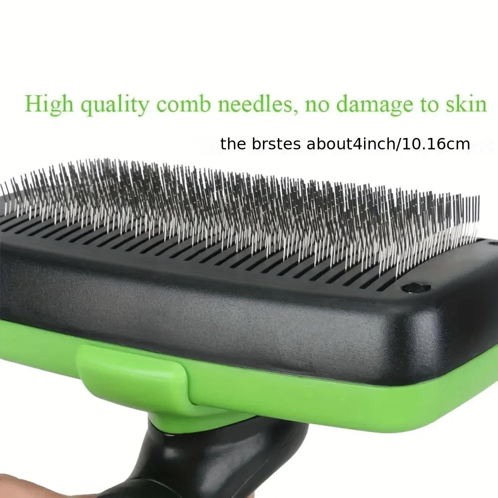 Close-up of a green dog grooming brush with fine metal bristles for safe pet grooming.
