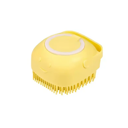 Yellow dog shampoo dispenser brush silicone pet massage brush for dogs and cats shower grooming tool, plastic