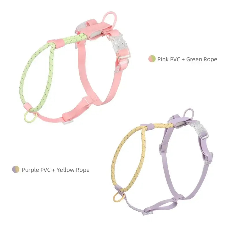 cooling no pull dog harness in pink PVC and green rope, plus purple PVC and yellow rope, for medium and large dogs