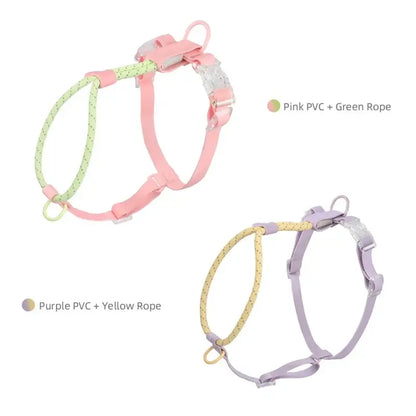 cooling no pull dog harness in pink PVC and green rope, plus purple PVC and yellow rope, for medium and large dogs