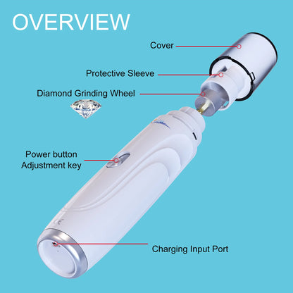 usb rechargeable dog nail grinder overview showing cover, protective sleeve, diamond grinding wheel, power button, and charging port