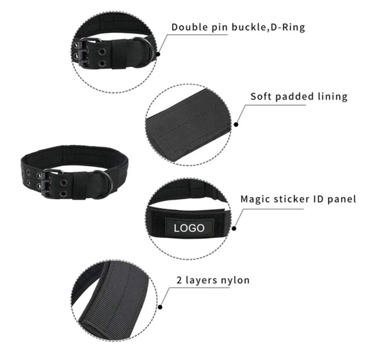Reflective tactical dog collar with double pin buckle, soft padding, and nylon construction for training