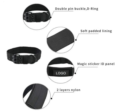 Reflective tactical dog collar with double pin buckle, soft padding, and nylon construction for training
