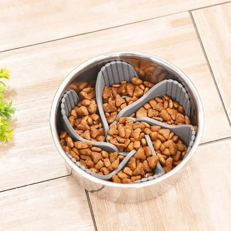 silicone slow feeder dog bowl insert with suction cups in stainless steel bowl for slower pet feeding
