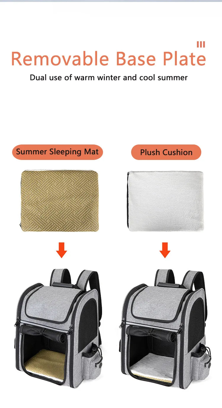 expandable pet backpack carrier with removable base plate for summer sleeping mat and plush cushion