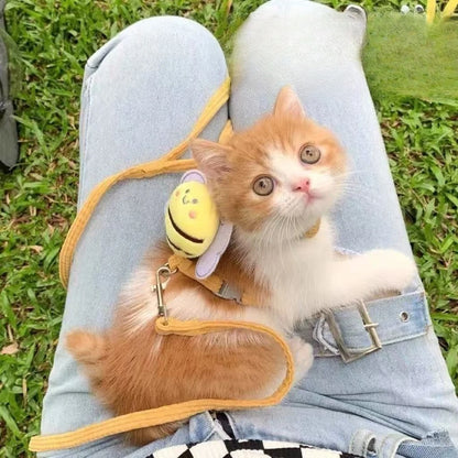 adjustable cat harness and leash set for kitten with bee charm, breathable yellow walking harness on small orange and white cat