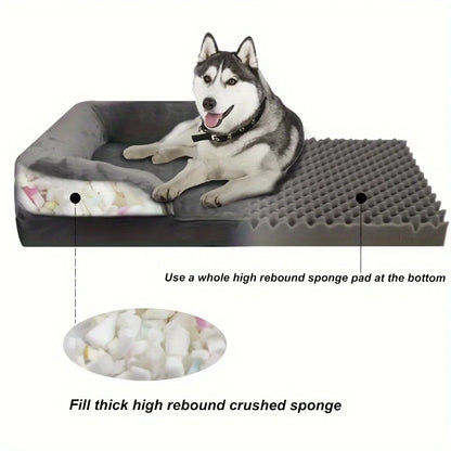 Orthopedic dog sofa bed with washable cover and support foam for all-season comfort, ideal for large dogs.