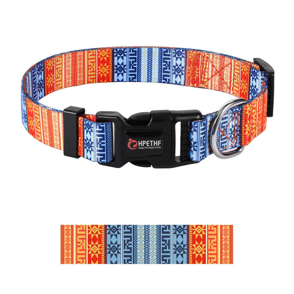 Colorful adjustable nylon dog collar with printed pattern and metal D ring for medium and large dogs