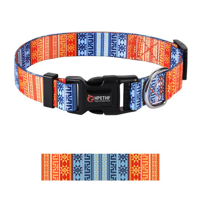 Colorful adjustable nylon dog collar with printed pattern and metal D ring for medium and large dogs