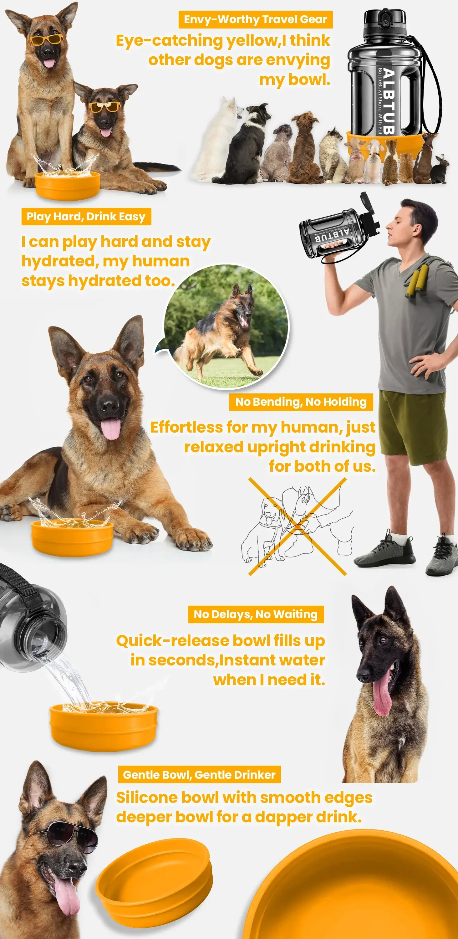 dog water bottle dispenser for hiking and camping, yellow silicone travel bowl with bottles, men and dogs drinking