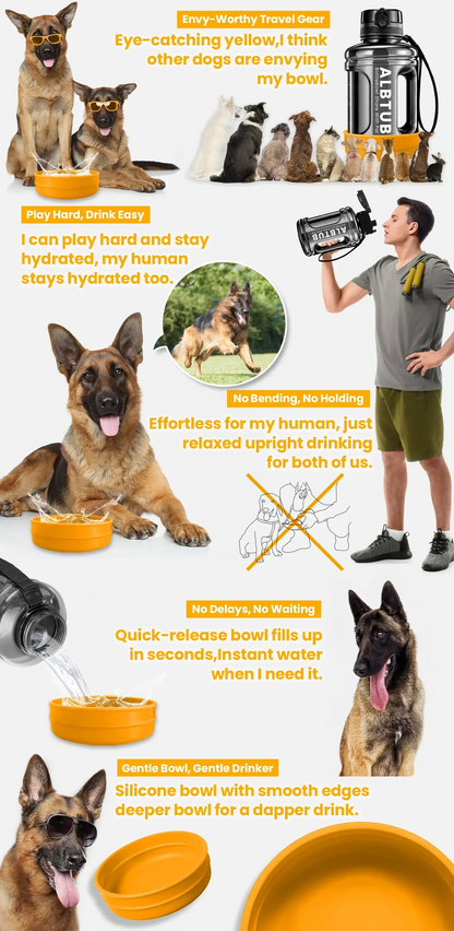 dog water bottle dispenser for hiking and camping, yellow silicone travel bowl with bottles, men and dogs drinking