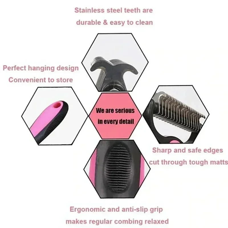 self cleaning pet deshedding brush for cats and dogs with stainless steel teeth, ergonomic anti-slip grip, and hanging design