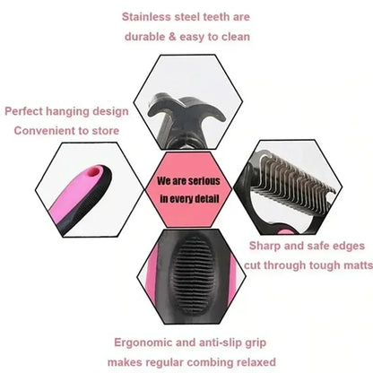 self cleaning pet deshedding brush for cats and dogs with stainless steel teeth, ergonomic anti-slip grip, and hanging design