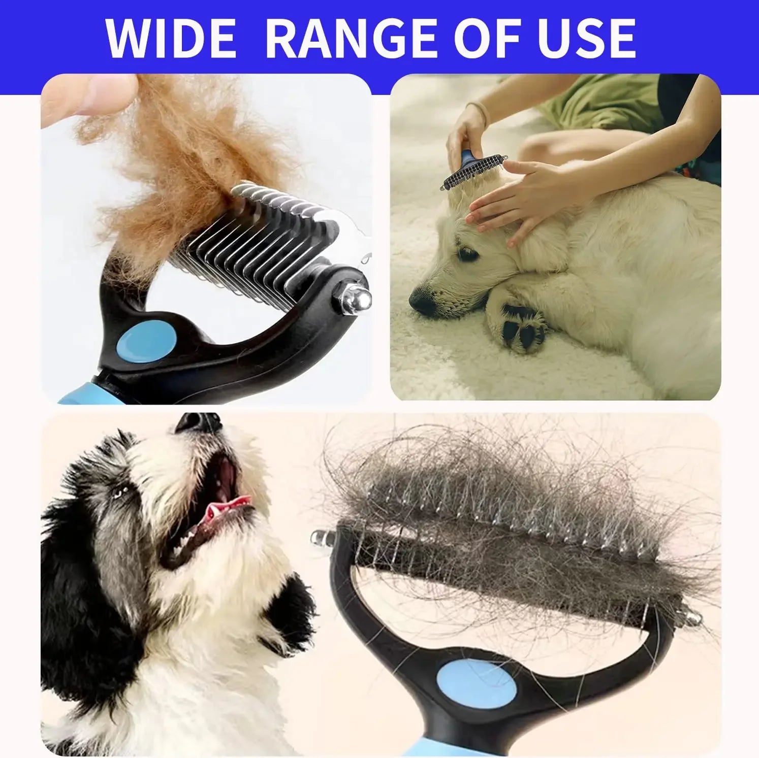 dog deshedding brush removes loose fur from dogs and pets, ideal for grooming, knot cutting, and shedding control