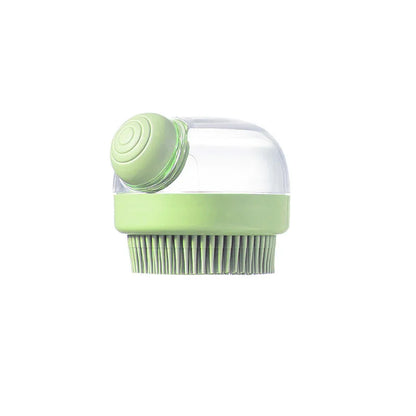 Green dog shower brush with shampoo dispenser for long hair dogs and cats, silicone pet grooming bath brush