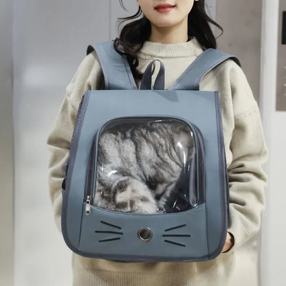 Breathable pet carrier backpack for cats and small dogs, portable shoulder bag with zipper, cat face design