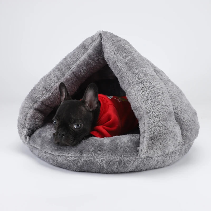 washable plush dog bed for small dogs, cozy grey pet cave with a puppy inside, soft washable plush dog bed