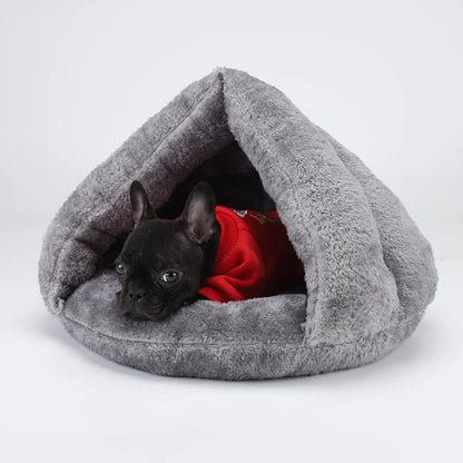 washable plush dog bed for small dogs, cozy grey pet cave with a puppy inside, soft washable plush dog bed