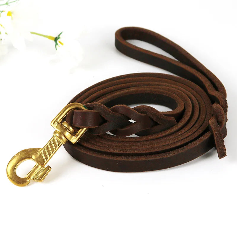 Heavy duty leather dog leash with brass clasp, braided brown design for large, medium, and small dogs