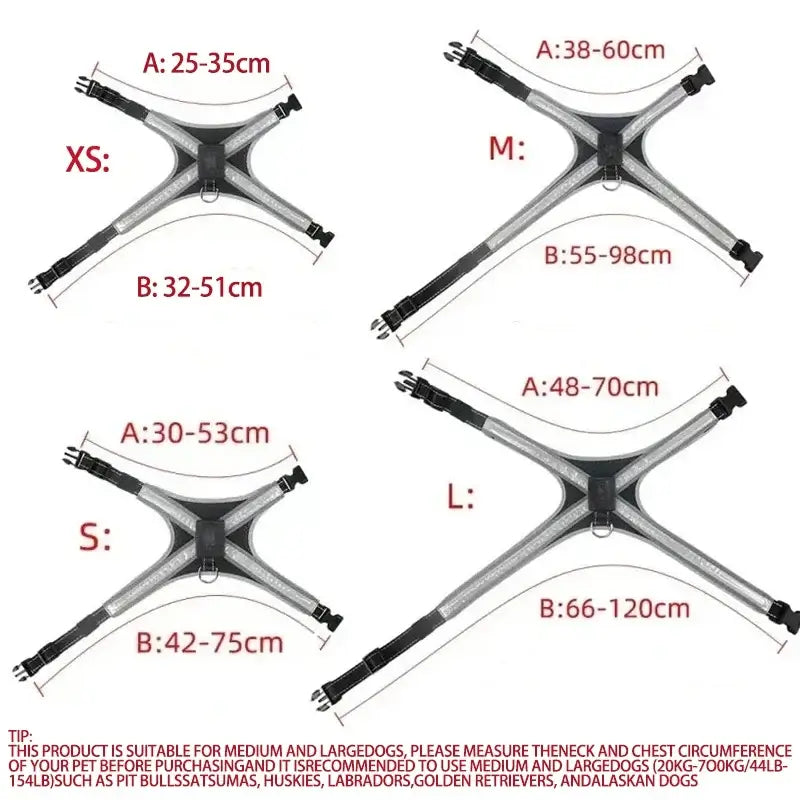 LED dog harness size chart for XS, S, M, and L dogs with adjustable chest and neck measurements
