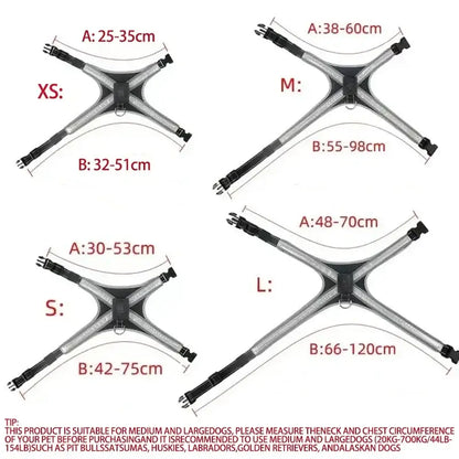 LED dog harness size chart for XS, S, M, and L dogs with adjustable chest and neck measurements