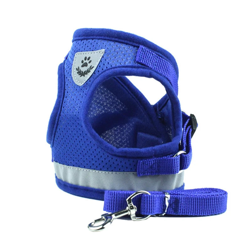 adjustable cat and small dog harness and leash set blue mesh breathable reflective vest, ships from China Mainland