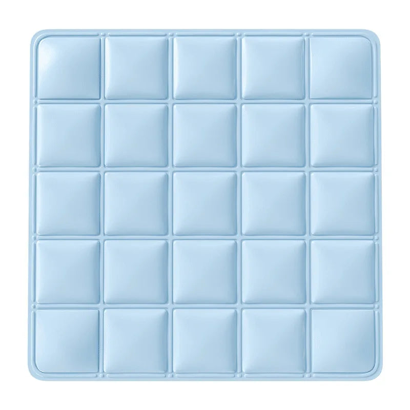 Blue cooling gel pet mat with grid pattern, PU sleeping pad for indoor/outdoor summer heat relief, hand washable