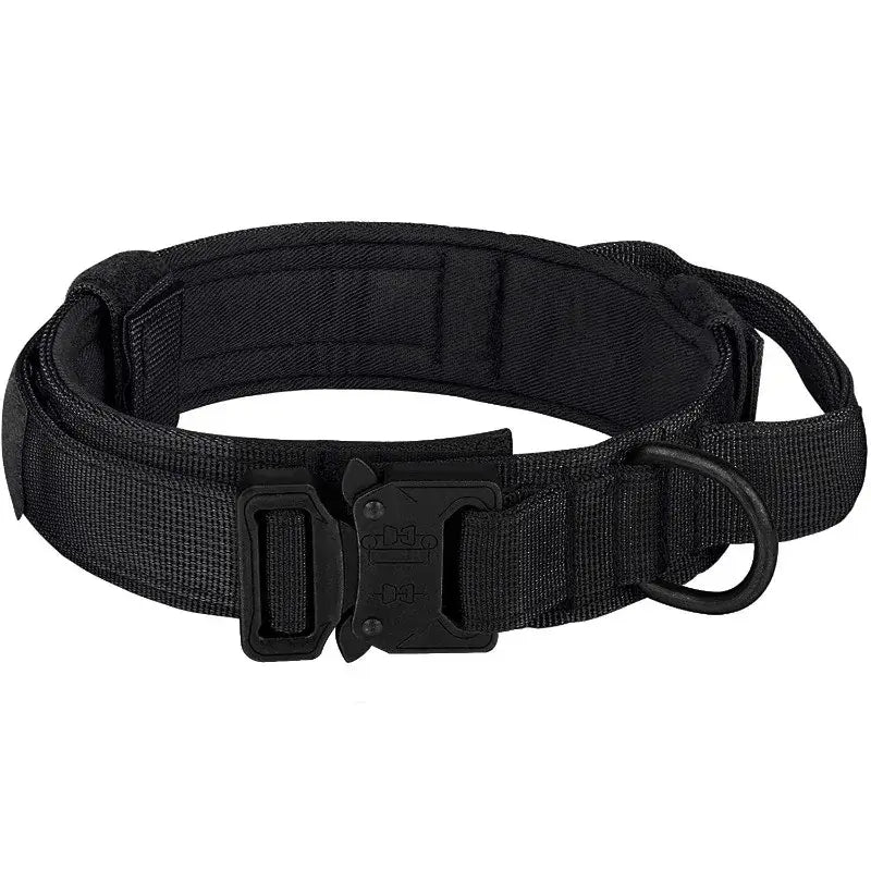 Black tactical dog leash collar with quick release buckle and heavy-duty D-ring for medium and large dogs