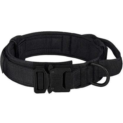 Black tactical dog leash collar with quick release buckle and heavy-duty D-ring for medium and large dogs