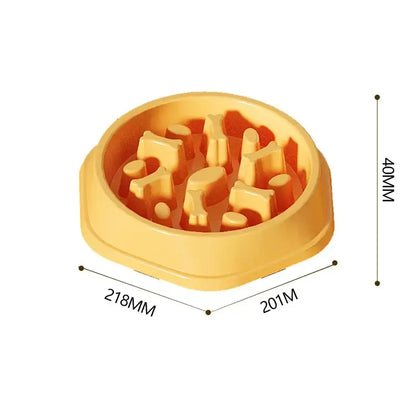 Yellow anti-choking slow feeder bowl for cats and dogs, maze design, thickened non-slip round pet bowl, 218x201x40mm