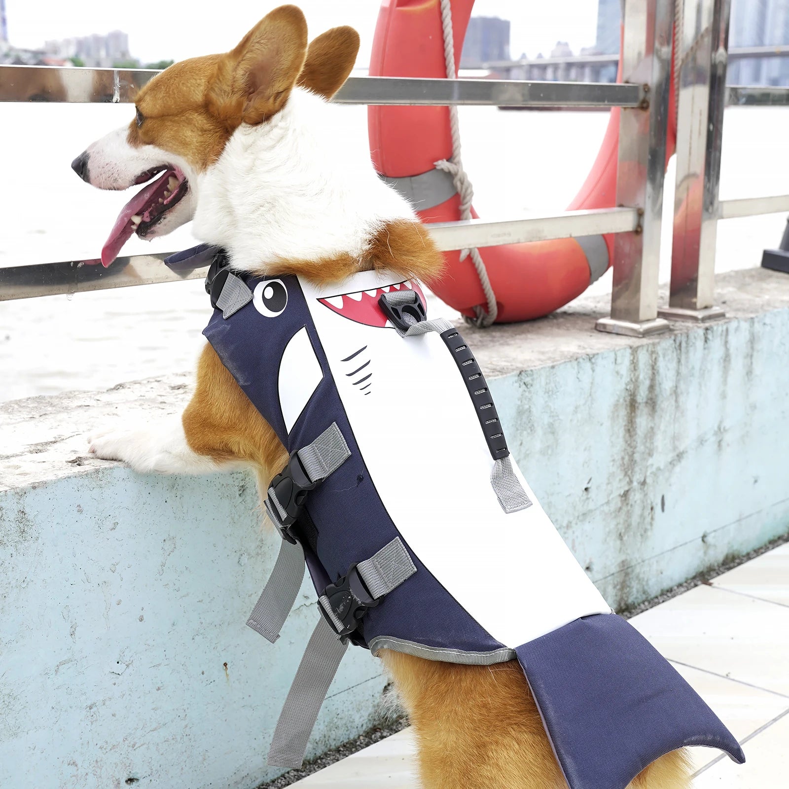 shark dog life jacket for corgi, adjustable reflective pet flotation vest with rescue handle for swimming safety