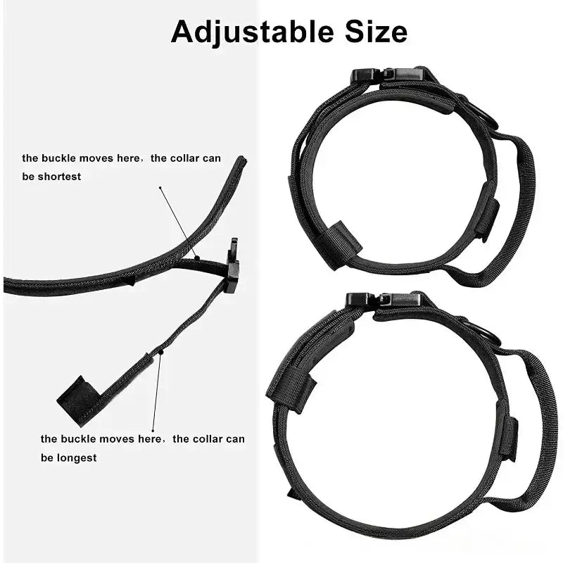 Adjustable tactical dog leash collar with quick release buckle, shown in shortest and longest fit