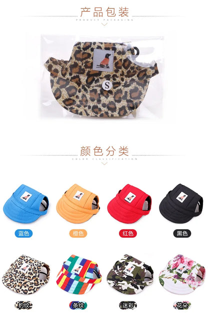 Assorted dog hats in blue, orange, red, black, leopard print, stripes, camouflage, and floral designs.