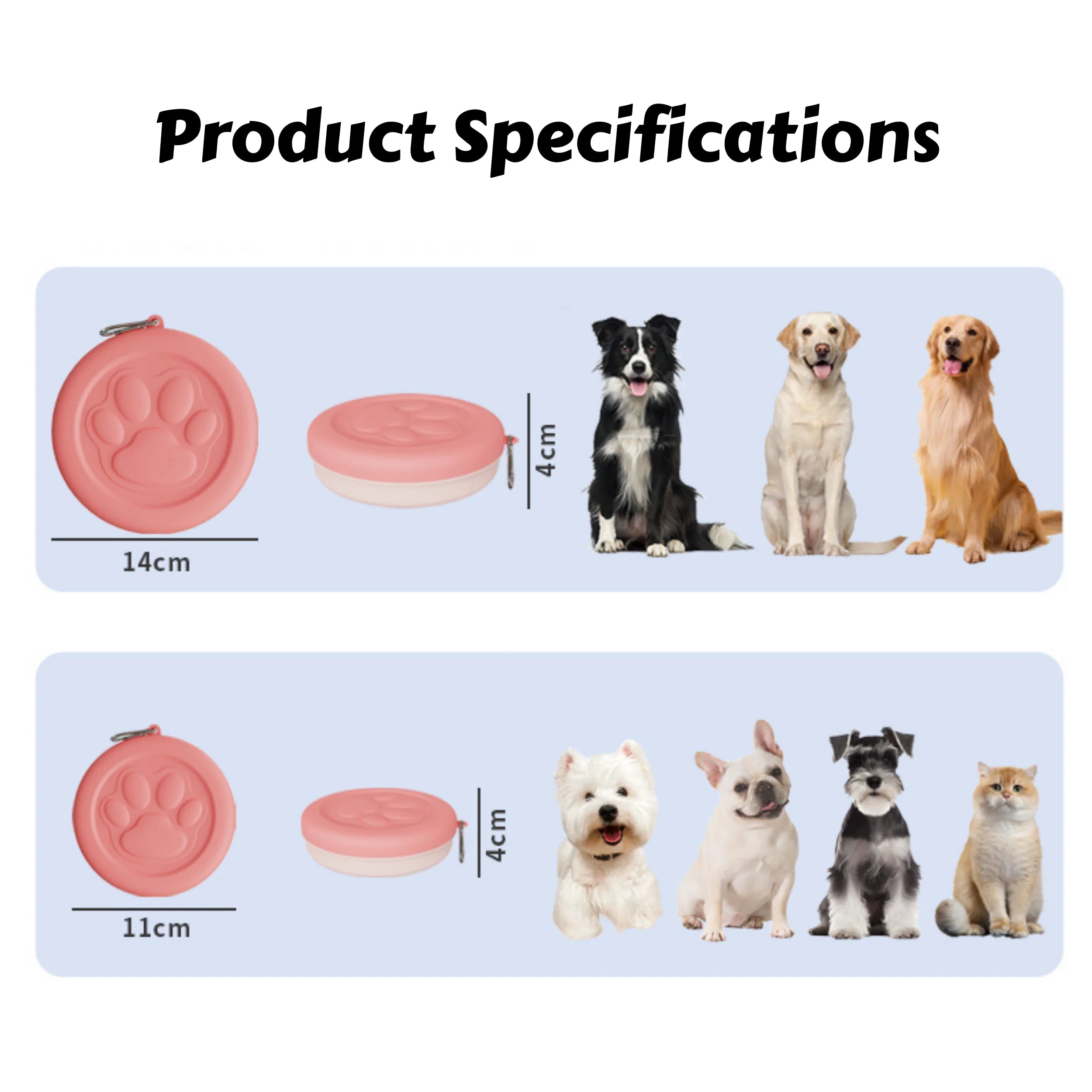 portable dog travel bowl for dogs, 2-in-1 food and water dish with treat compartment, shown in 14cm and 11cm sizes