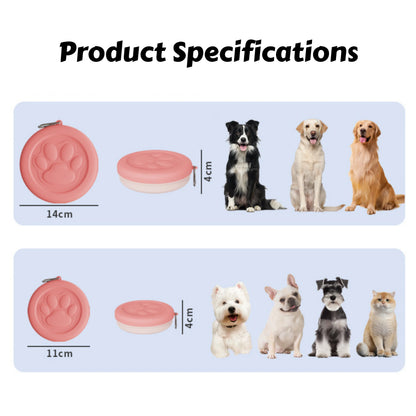 portable dog travel bowl for dogs, 2-in-1 food and water dish with treat compartment, shown in 14cm and 11cm sizes